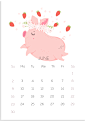 2019年可爱的卡通猪创意日历矢量模版
