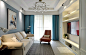 简单美式客厅蓝色窗帘装修效果图片