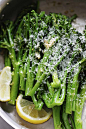 Garlic Parmesan Broccolini in a skillet.