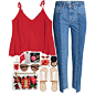 A fashion look from August 2017 featuring red sweater, slim fit jeans and wide width sandals. Browse and shop related looks.