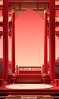 An asian palace with a red stage, in the style of minimalist backgrounds, colorful moebius, 8k 3d, romantic illustrations, richly detailed backgrounds, confessional, outdoor scenes