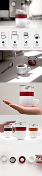 “Piamo”咖啡杯是利用微波炉来“在杯子上”生成意式浓缩的咖啡。水和咖啡粉在与杯子搭配的容器当中，在微波炉里用 30 秒钟完成类似蒸汽咖啡机的高压蒸汽过程，咖啡自然留在杯子里面，这样揭开就能喝了。 http://url.cn/CItheE