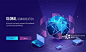 Global network or Communication concept based responsive landing page design with 3D illustration of earth planet connected with three digital device._创意图片