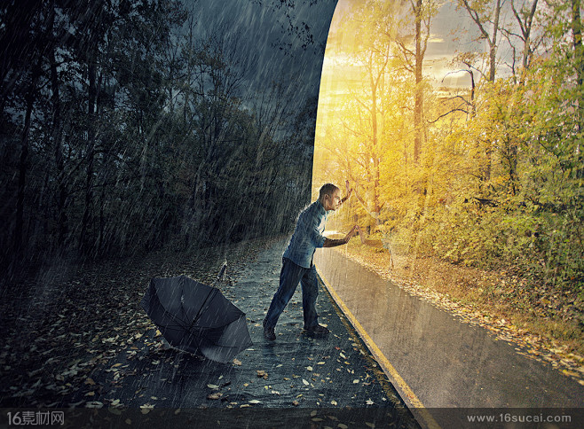 被困在雨中的男人和晴朗的天气高清图片
