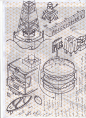 Chaos Sketch : Sketches on a isometric reticle paper! Dont like the lines when im drawin, but in this case the paper helped too much, without the lines would be impossible. I was 2 months just thinking about things you can find in a city, and trying to dr