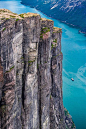 Kjerag, Norway. Wish to be those on the cliff top!