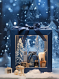 Christmas product atmosphere map, a set of skincare products, placed in a Christmas themed gift box, with ribbons, next to the windowsill, some Christmas decorations are placed. Outside the glass window, there is a dark blue snow scene at night, a Christm