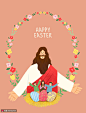 鲜花环绕耶稣彩蛋孩童基督教插画 宗教插画 基督教插画