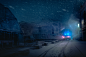 They Drive by Night : Cinematic series about lone cars traveling at night on desolated landscapes, secluded forests and isolated villages during harsh weather conditions such as dense fog and heavy snowfall.