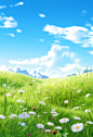 the green grass of the meadow against a blue sky, in the style of whimsical anime, 32k uhd, flower and nature motifs, realistic and hyper-detailed renderings, pastoral charm, soft and dreamy atmosphere