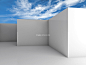 White empty room interior under cloudy blue sky