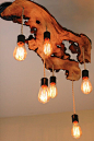Extreme Live-Edge Wood Slab Light Fixture with Hanging Edison Bulbs// Chandelier// Rustic- Earthy/ Sculptural: