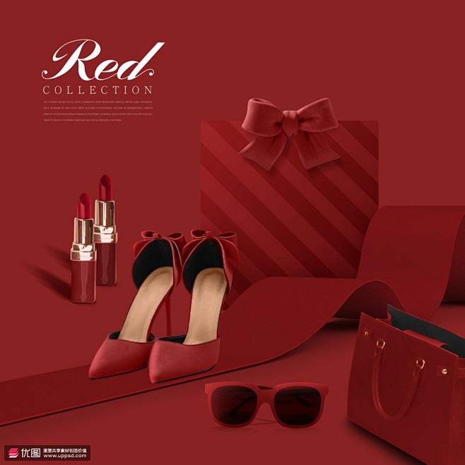 红色系列时尚用品高跟鞋口红促销海报 PC...