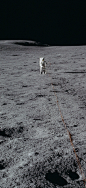 humanoidhistory:Apollo 14 astronaut Ed Mitchell on the Moon, February 5, 1971: ”Al (Bean) took this shot from near the MET, looking southeast along the geophone line toward Ed (Mitchell), who is working his way back, stopping every 15 feet to operate the 
