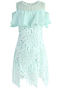 Vivid Leaf Cold-shoulder Crochet Dress in Mint : It’s crystal clear, babes: This Vivid Leaf dress is a fresh stunner bound to elevate your collection of cocktail dresses. A cold shoulder makes it trendy and bashfully sexy while the crocheted design and ri