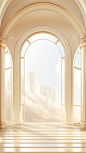 art deco window frame with arched ceiling and window ledge, in the style of light beige and gold, unreal engine 5, roni horn, energy-filled illustrations, light yellow and light gold, 32k uhd, 500–1000 ce
