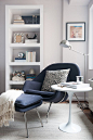 meg's reading nook! Love the bookshelf and chair with ottoman