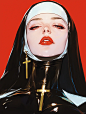 A beautiful nun with a cross on her lips against a red background, wearing a black latex outfit with gold details, in the style of David Uhl and Jeanloup Sieff, from a Vogue cover photo with a maximalist composition trending on Instagram. --ar 3:4