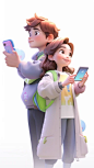A young man and woman holding a mobile phone，Trendy toys design, white background, pixar, IP, clay material, pastel color, Studio light, back view, octane render, blender, hyper quality, Ultra HD, 8K，lively brushwork