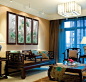 ,客厅，墙面，窗帘，灯具，中式，复古，原木色，黄色，蓝色，