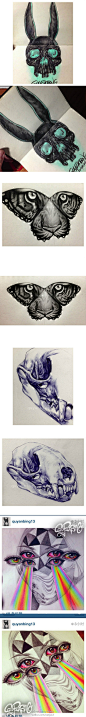 最近画的几个纹身设计手稿，圆珠笔那张未完成