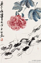       齐白石国画 —— 《芙蓉墨虾》 
齐白石画虾可说是画坛一绝，灵动活泼，栩栩如生，神韵充盈，用淡墨掷笔，绘成躯体，浸润之色，更显虾体晶莹剔透之感。以浓墨竖点为睛，横写为脑，落墨成金，笔笔传神。细笔写须、爪、大螯，刚柔并济、凝练传神，显示了画家高妙的书法功力。画家写虾，来自生活，却超越生活，大胆概括简化，更得传神妙笔。