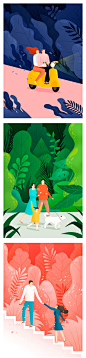 人物旅游日落户外生活绿植野外森林插画插图场景PSD设计素材