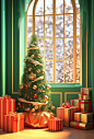 3d scene with christmas tree, presents and some windows, in the style of kitsch aesthetic, green and gold, vray, hallyu, , sigma 85mm f/1.4 dg hsm art, bold color usage