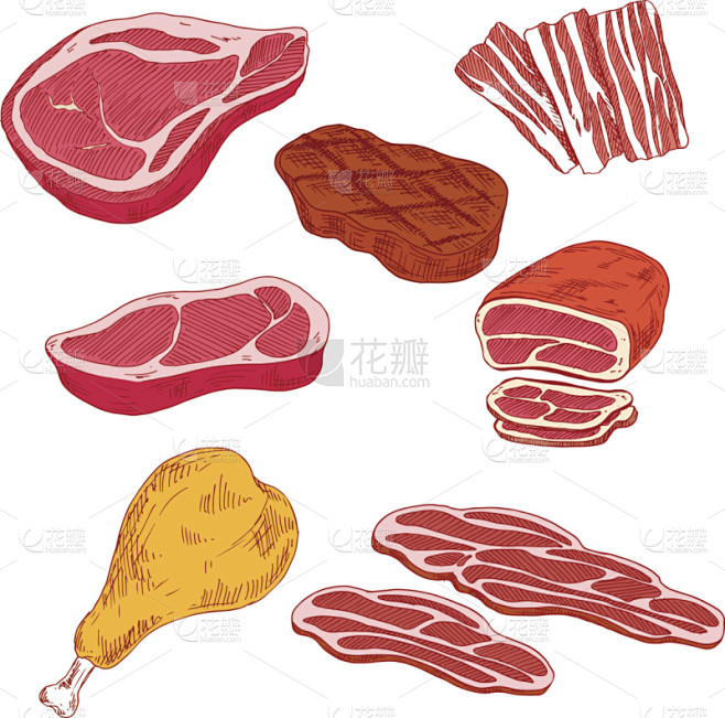 清新,烤肉架,式样,肉制品,家禽,绘画插...