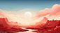 超大的太阳与喜庆的红色山川卡通背景 (8)