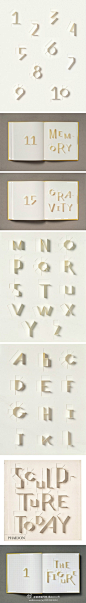 俄罗斯设计师 Sonya Dyakova 为《今日雕塑》（Sculpture Today）设计的三维折纸字体。通过对于纸的切割和折叠，产生一个三维的空间，纸张本身没有色彩，通过光影产生字体的边缘轮廓，从而变得容易阅读。每个字母都具有不同的形状，但深度保持一致。