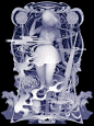 Decoration Armament。日本艺术家：Kazuki Takamatsu。他的作品是使用水粉、粉笔、丙烯等颜料的手绘画作。艺术家仅用蓝黑白三个色调就创作出荧光色的三维效果作品，画中的女孩像鬼魂般飘渺灵异 ，并结合魔法阵、鬼火、武器等元素为作品增加了死亡和暴力的黑暗气氛。 ​​​​