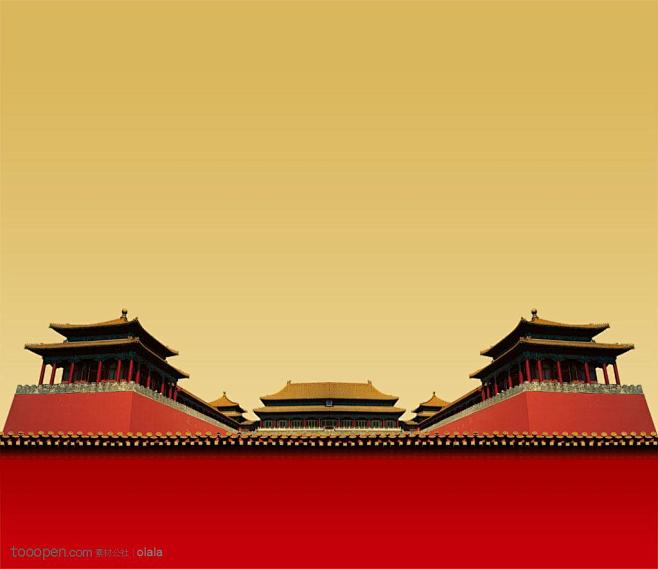 红色古典围墙后的中式传统古典建筑
