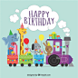 Birthday background of train with lovely animals Free Vector