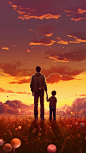 Father's Day, the young son accompanied the middle-aged father looking into the distance, high-definition image, background sunset, close-up, hand-held broken photos, flowers around, studio lighting, plane illustration, ultra HD, 8k, Japanese animation st