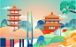 中国风西安中式建筑宝塔大桥国潮风景插画矢量图设计素材