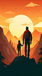Father's Day poster, A strong father holding the hand of a lovely child, sparkling big eyes, At the mountaintop, perspective, warm colors, bright background, flat illustrations Father, 8k