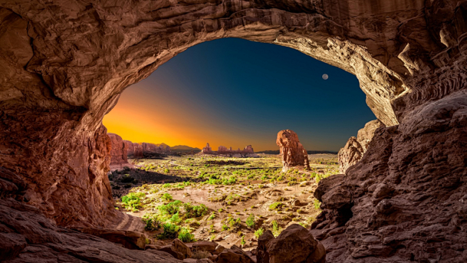 月亮 洞穴 拱形 岩石 自然风景4K壁纸...