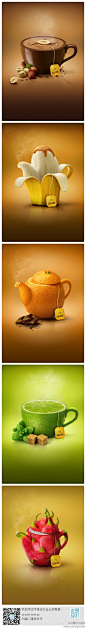 #求是爱设计# 来自莫斯科平面设计师Catzwolf的创意，茶包的广告，很有趣的多种口味的水壶。