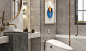 国鸿温州壹号—逸逅辉月|三居室现代装修设计方案效果，主卧卫生间里采用浅色砖与深色瓷砖结合设计，流畅的线条，让小卫浴间有了瞬间增大的视觉效果。