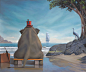 General 1920x1613 nature animals digital art elephant Paul Bond painting artwork surreal sea sailing ship top hats birds sitting bench rock trees waiting