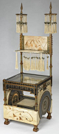 CARLO BUGATTI throne chair with collector's cabinet seat, c. 1885-1890, walnut, vellum, silk, copper alloy, silk fringe, glass, 69 x 21-5/8 x 21-1/2 in.  |  The Minneapolis Institute of Arts