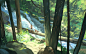 General 1920x1195 digital art forest fox rock waterfall water trees environment nature