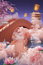 3D中国风七夕c4d立体创意场景鹊桥中国风国潮紫色图片