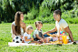 坐在草地上野餐的幸福家庭图片素材