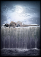 瀑布，背后森林，月光，布料上Fairy Tale by Iribel