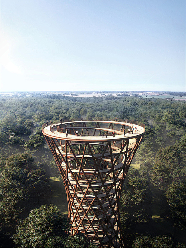 佇立於森林間的「丹麥螺旋景觀塔」，一起盤...