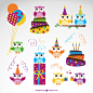 卡通猫头鹰标签矢量素材，素材格式：AI，素材关键词：气球,生日,标签,猫头鹰,礼物,生日蛋糕