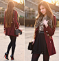 Ariadna Majewska - Frontrowshop Black Elegant Pumps, Romwe Burgundy Coat, Romwe Black Quilted Bag With Gold Chain, Chic Wish Black Skirt, Romwe Beige Floral Top, Cropp Town Faux Fur Scarf, Black Tights - Burgundy coat