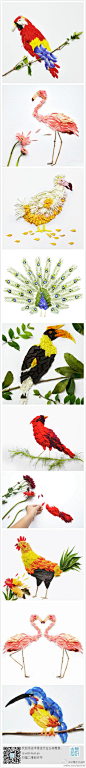 #求是爱设计#花瓣奇鸟。马来西亚艺术家 Red Hong Yi利用树枝、非洲菊花 、蝴蝶豌豆花等，做成这一系列栩栩如生的小动物。